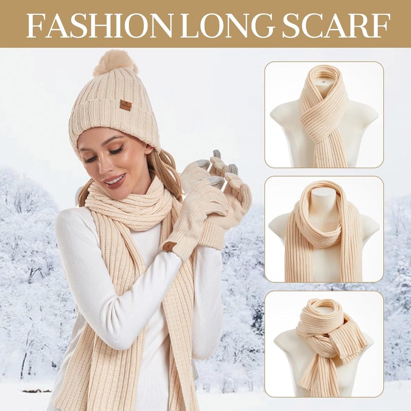 Coolprince Womens Long Scarf Gloves and Hat Set Cold Weather Hat Scarf Glove Set for Women Winter Beanie Hats with Pom Pom - Image 4